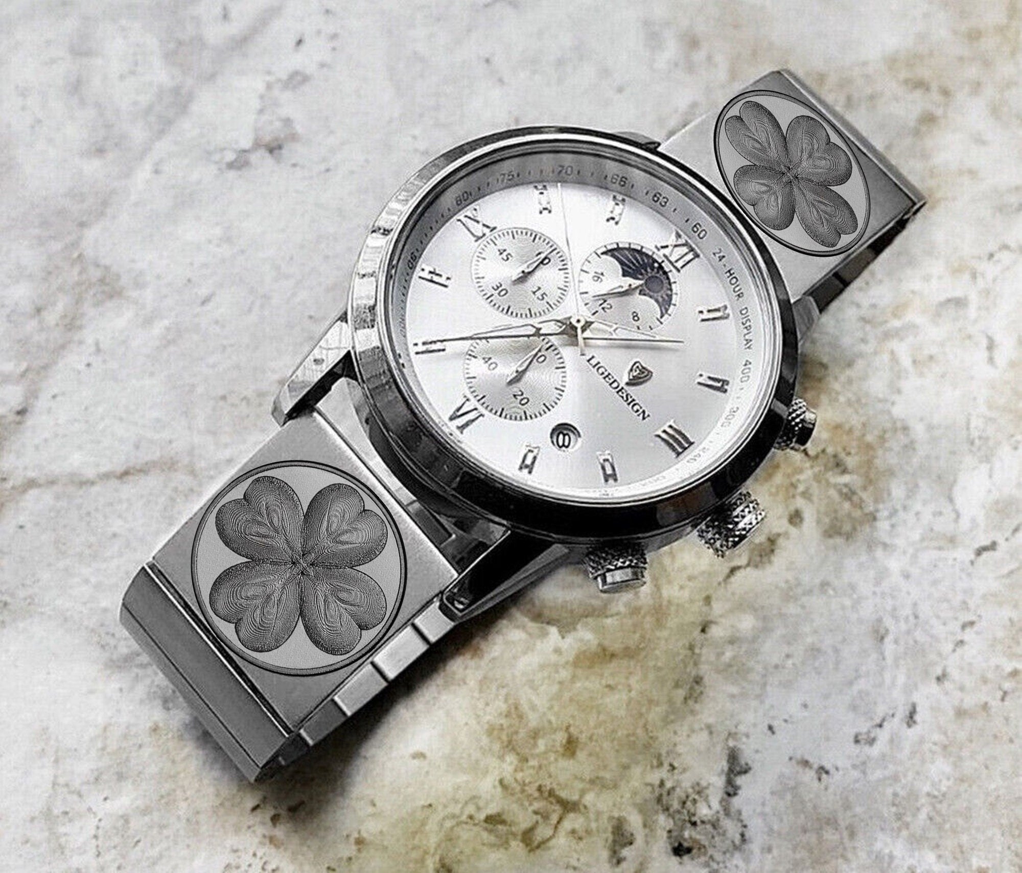 Four Leaf Clover Engraved Band for 22mm 24mm 25mm Lugs Traditional Casual Luxury and Smartwatches Silver Color Stainless Steel Strap SR1
